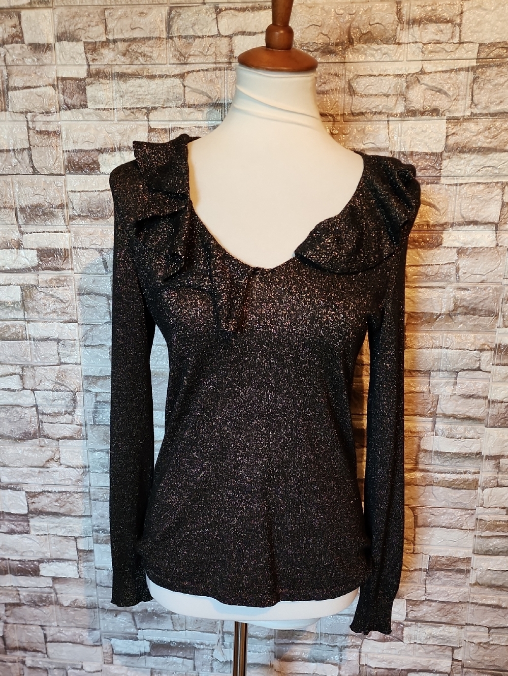 Lauren Ralph Lauren Shimmery Black & Gold Ruffle-Neck Long-Sleeve Blouse